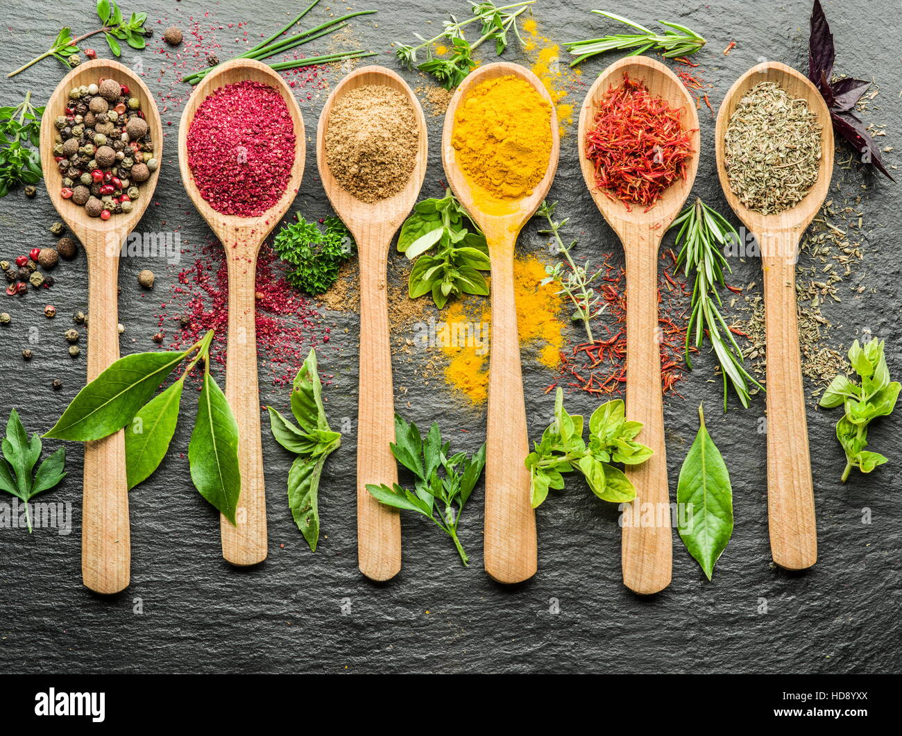 Assortment of colorful spices in the wooden spoons Stock Photo - Alamy