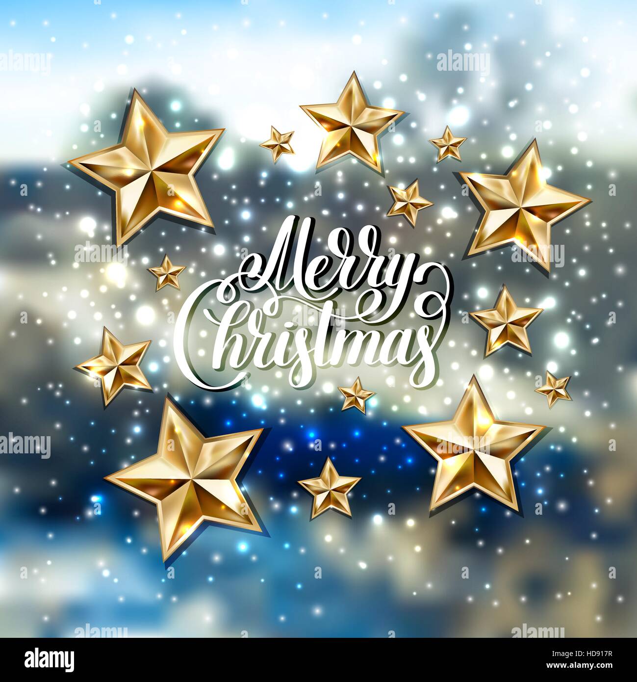 winter design with holiday lights, golden stars and handwritten Stock ...