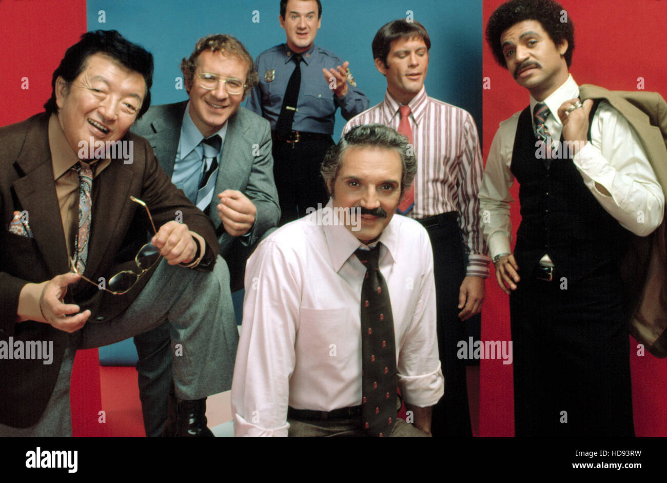 BARNEY MILLER, Jack Soo, Steve Landesberg, Ron Carey, Hal Linden, Max Gail, Ron Glass, 1975-82 Stock Photo