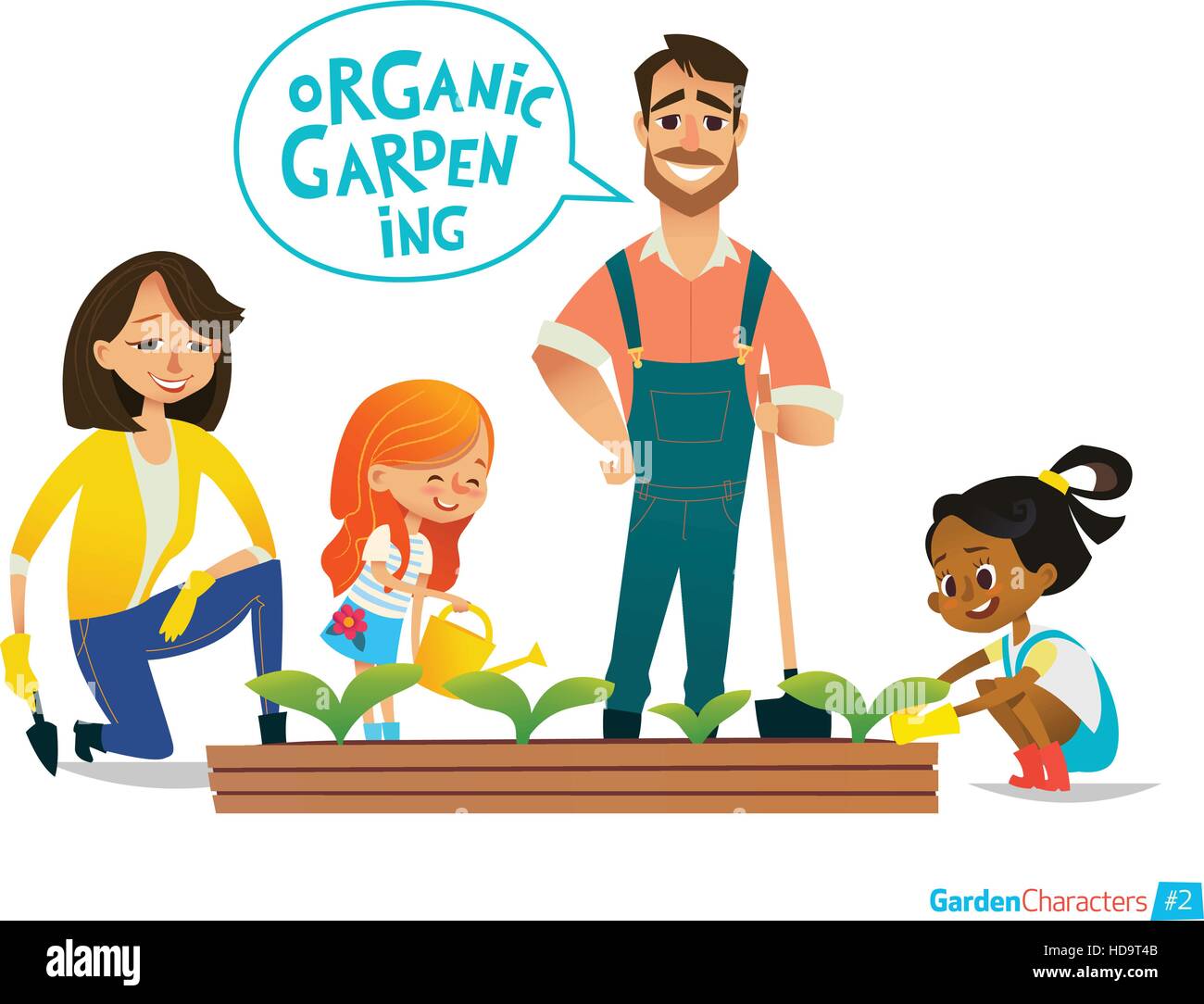 Very positive smiling kids help parents using the watering can water