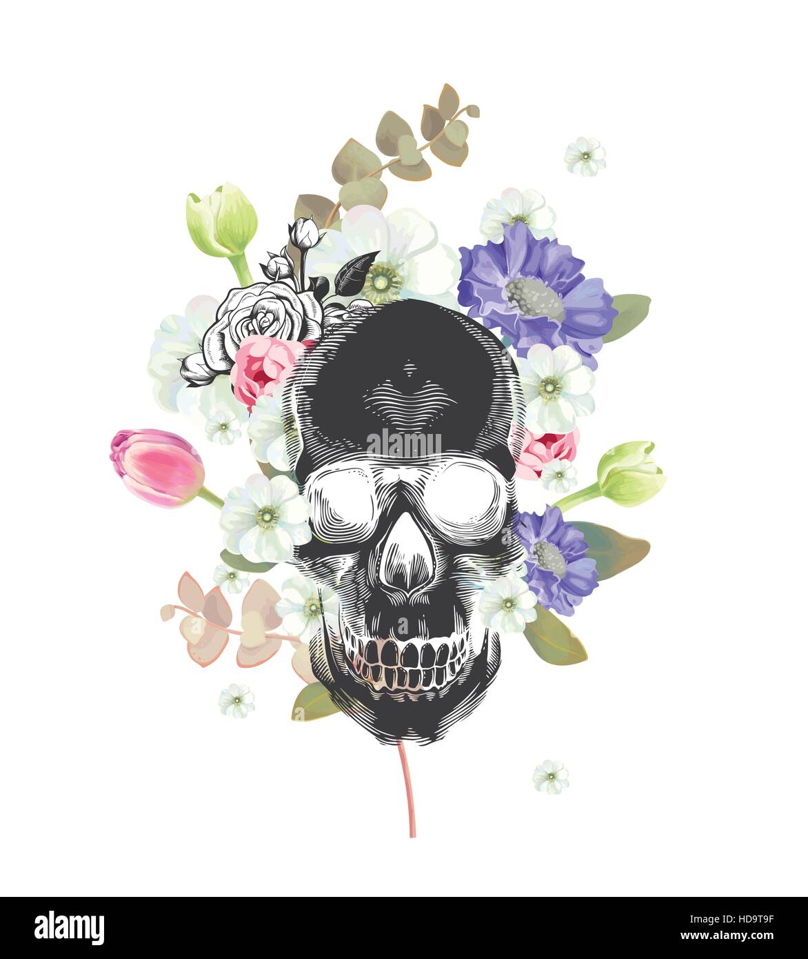 Skull. Mexican Day of the Death. Flowers and plants on a painting background. Could be used for T-shirt print, cards, banners. Vector illustration Stock Vector