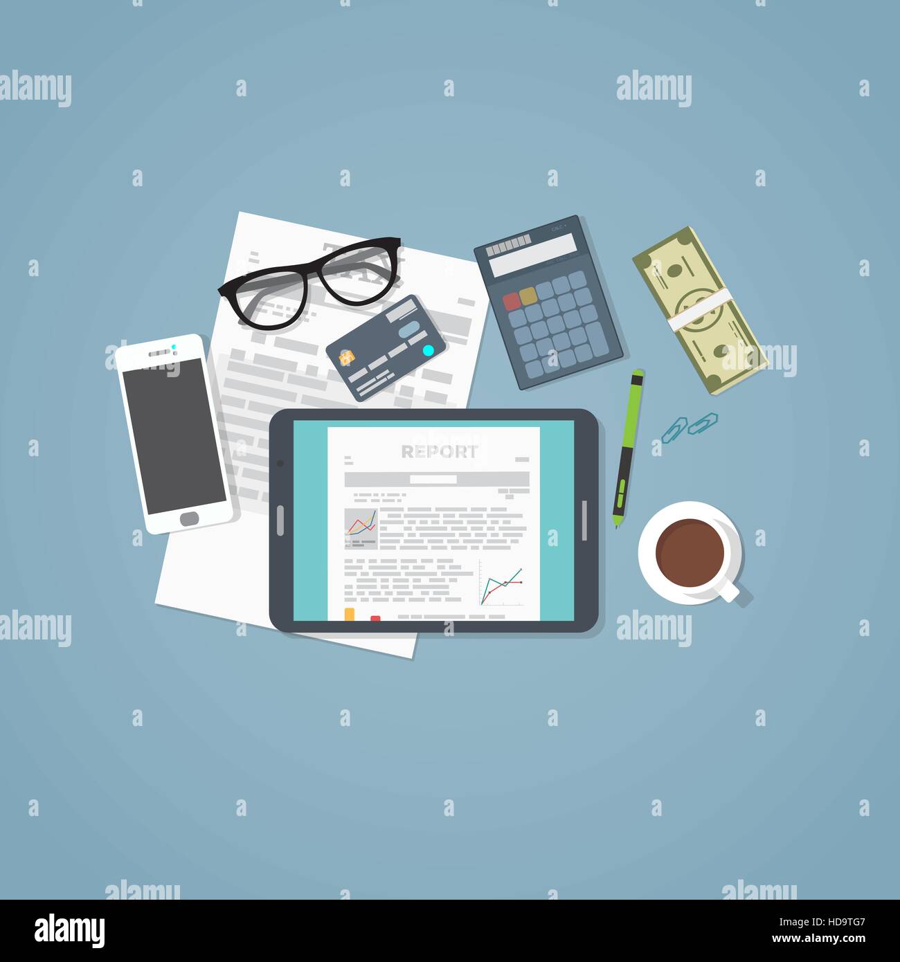 Business concept flat illustration. Tablet and business staff, phone papers and report documets with chart and financial graph information Stock Vector