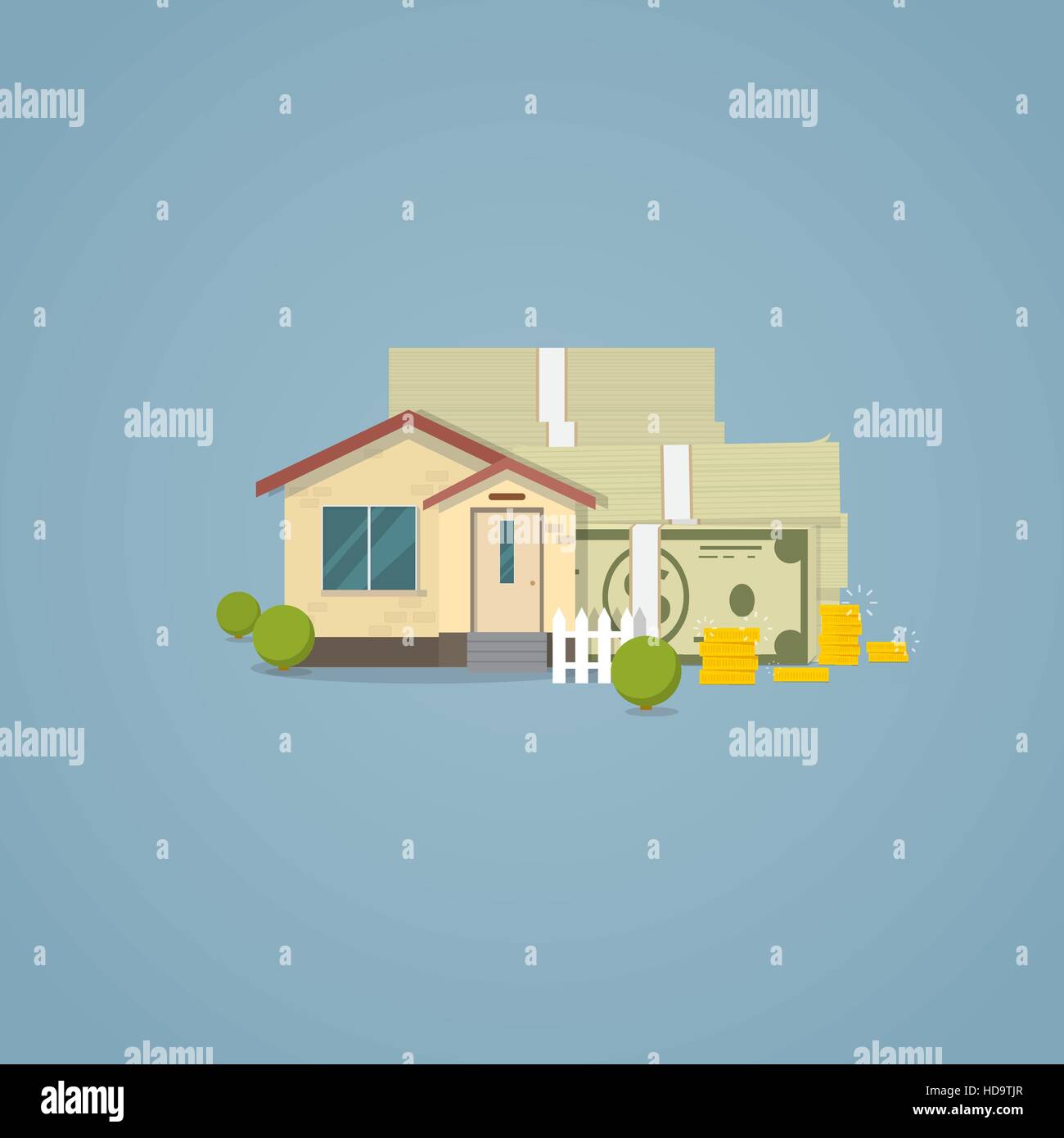 Flat classical house with white fence and bushes with pile of cash and stack of golden coins behind house. Vector concept illustration real estate and Stock Vector