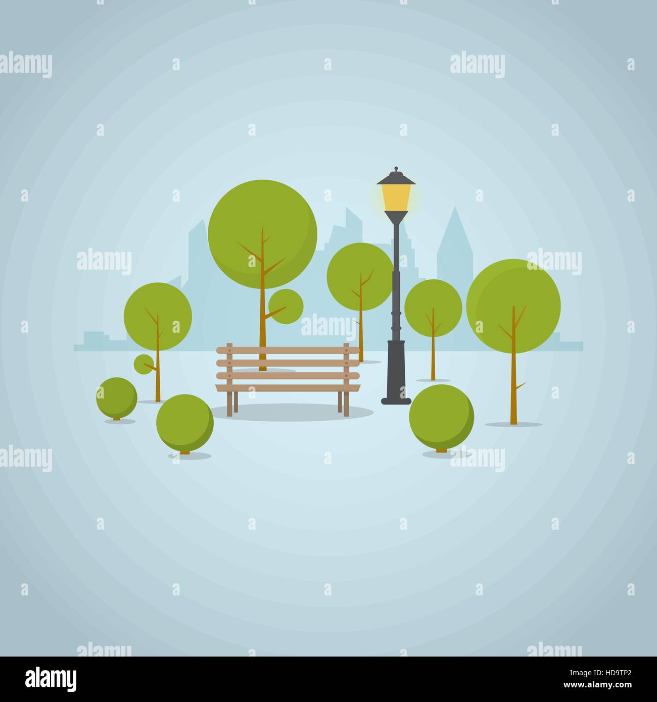Wooden park bench in big city park with trees and bushes, city skyscrapers skyline on background. Street classic park lamp near bench and circled shad Stock Vector