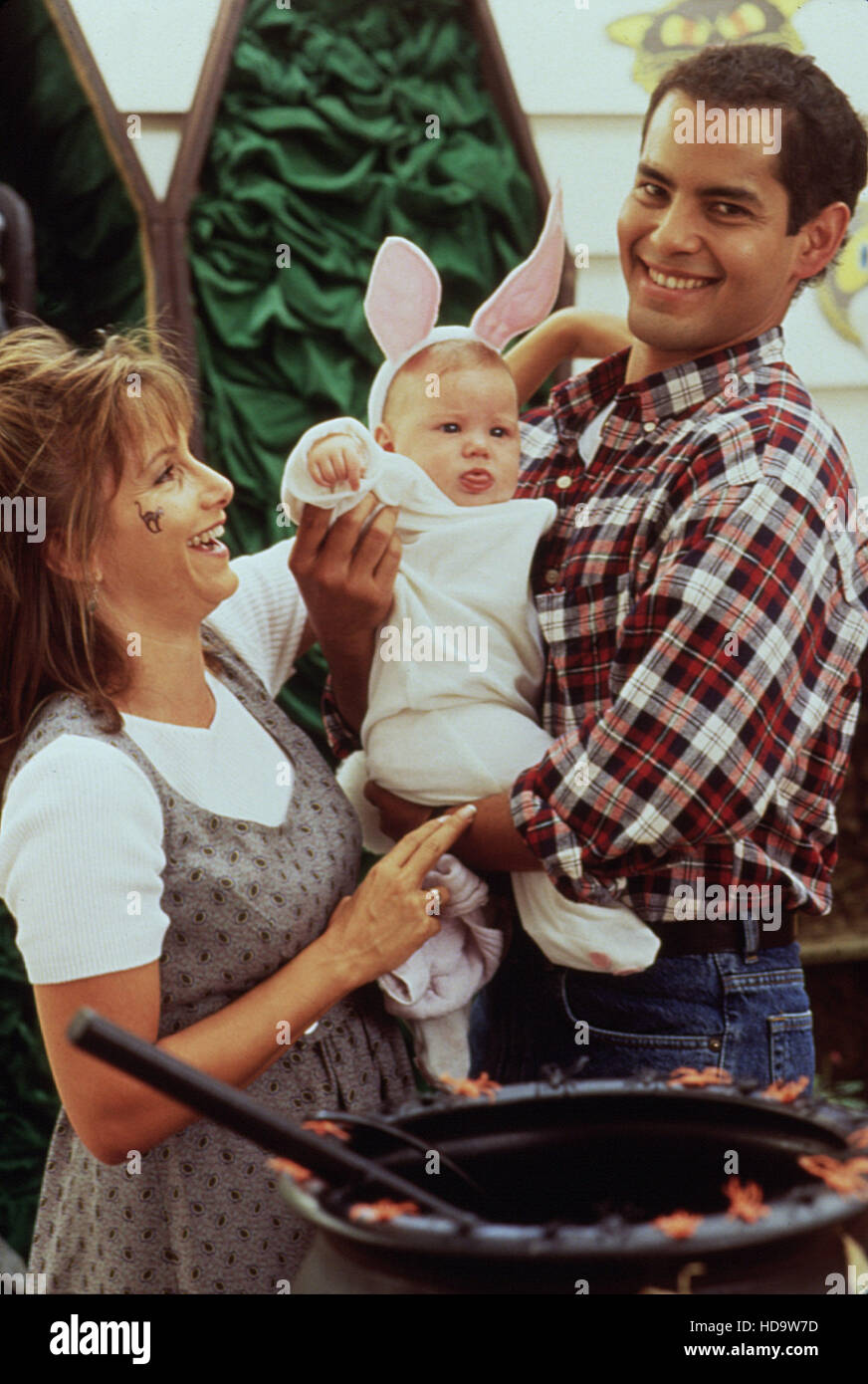 BEVERLY HILLS, 90210, Gabrielle Carteris, Mark Damon Espinoza and baby, 19902000 Stock Photo