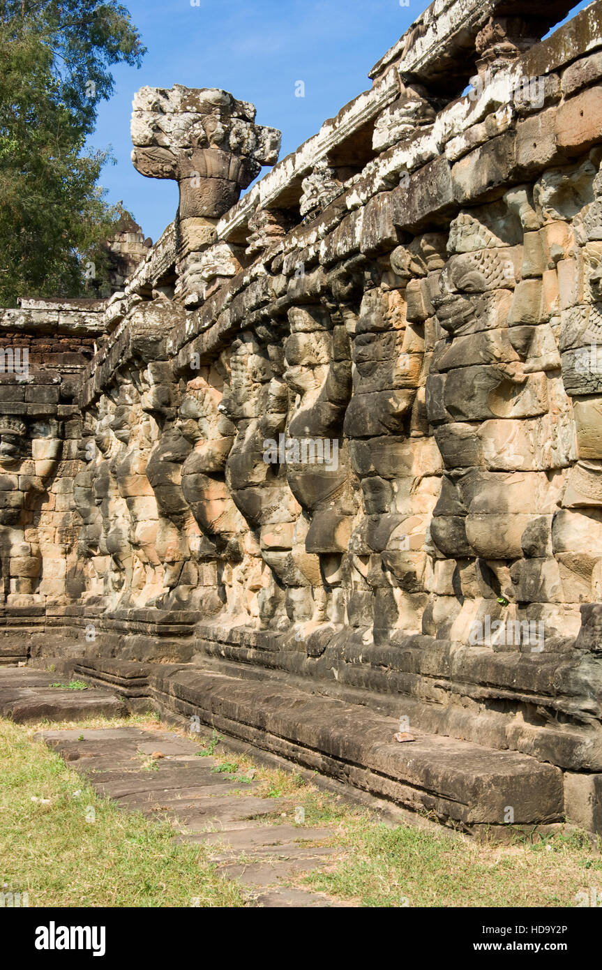 Wall carved with Garudas and lions, Terrace of the Elephants, Angkor Thom, Siem Reap, Cambodia, UNESCO World Heritage Stock Photo