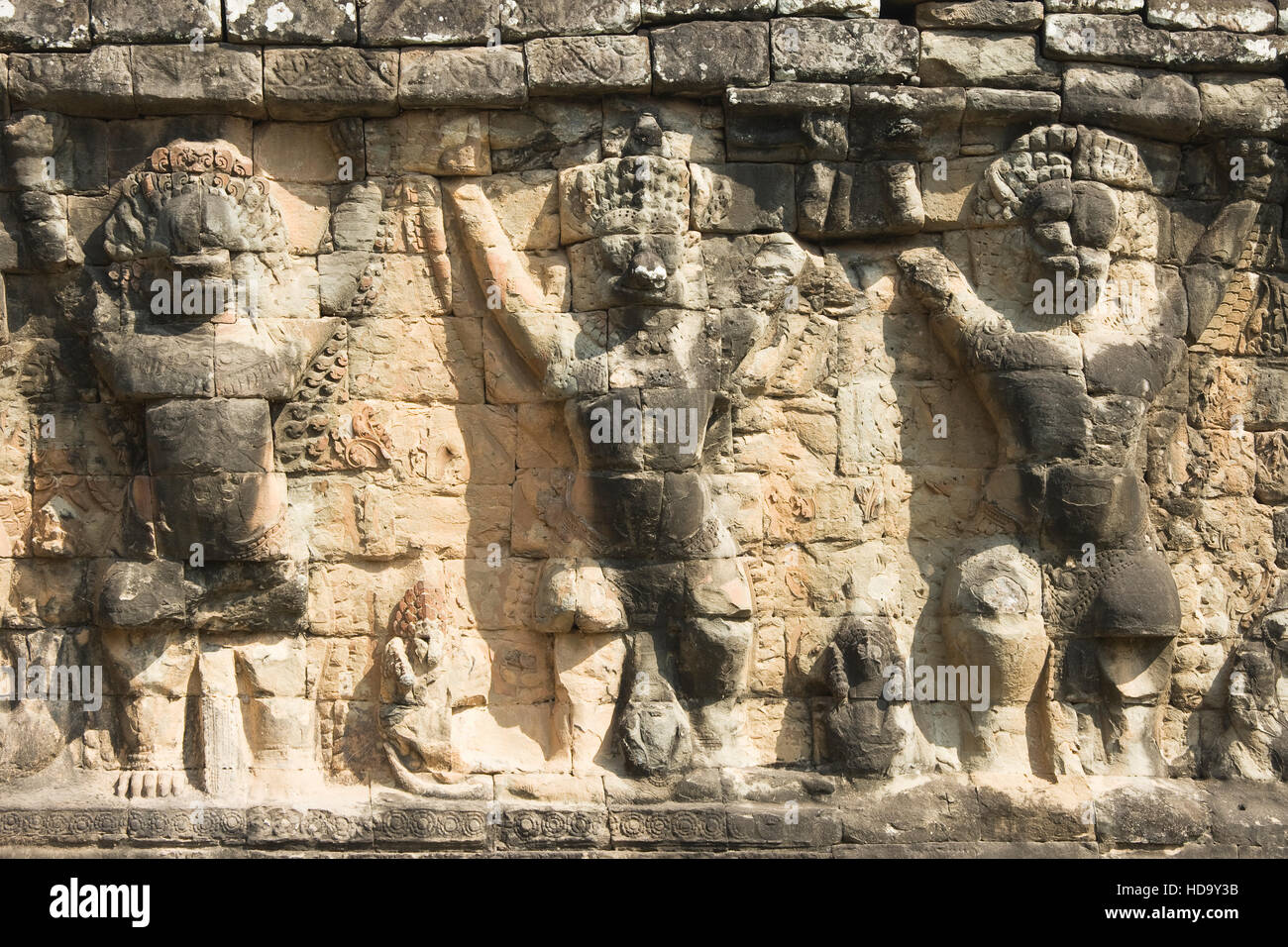 Detail of a wall carved with Garudas and lions, Terrace of the Elephants, Angkor Thom, Siem Reap, Cambodia Stock Photo