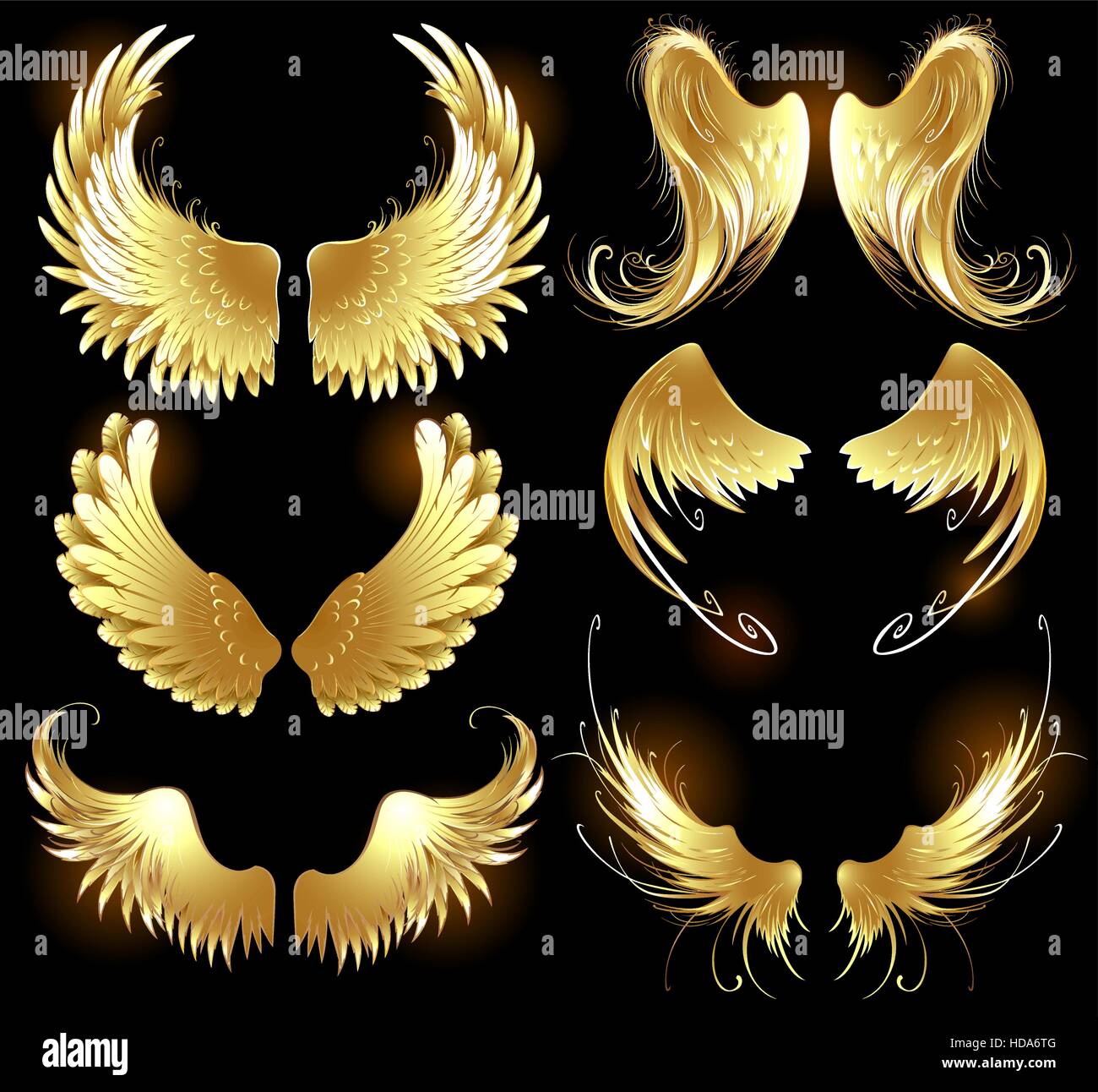 Arts painted, gold angel wings on a black background Stock Vector