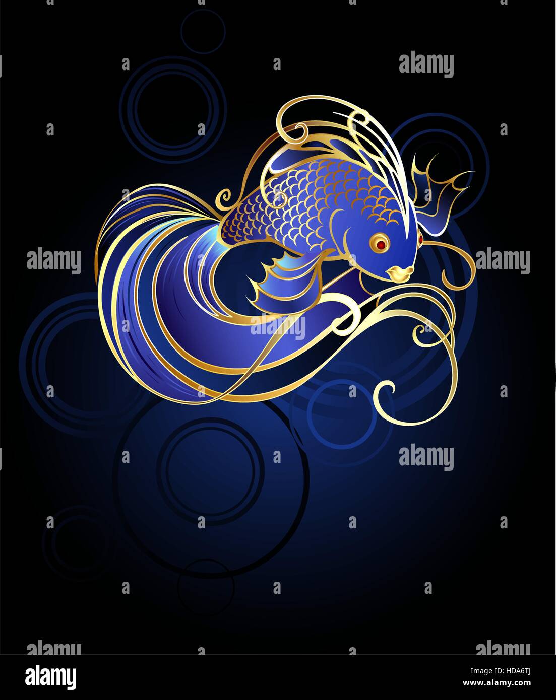 shiny, jewelry, gold fish with a beautiful long tail and fins on a blue background. Stock Vector