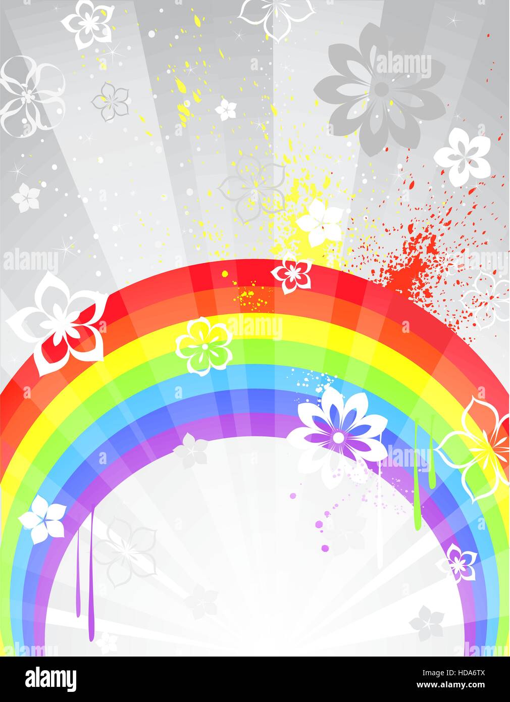 gray shiny, radiant with bright rainbow background and white stylized flowers. Stock Vector