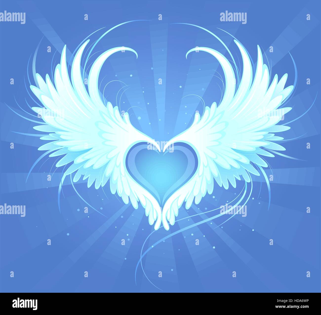 Blue heart of an angel with painted art, beautiful white wings on a blue background radiant Stock Vector