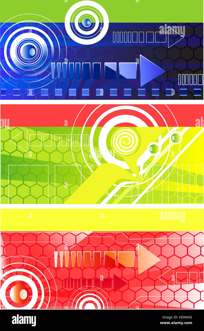 Three horizontal technology banner with red, dark blue and green background, with a cellular pattern, symbols and arrows abstract circles. Stock Vector