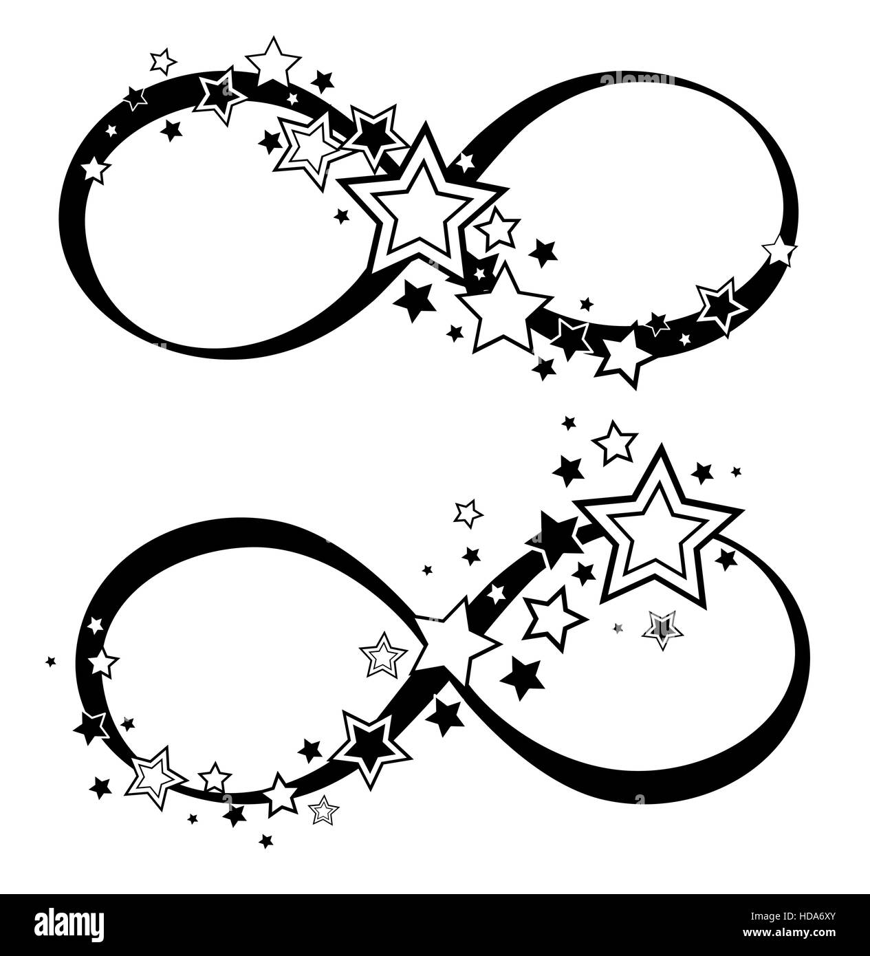 Two isolated infinity symbol with contoured stars and comets Stock Vector