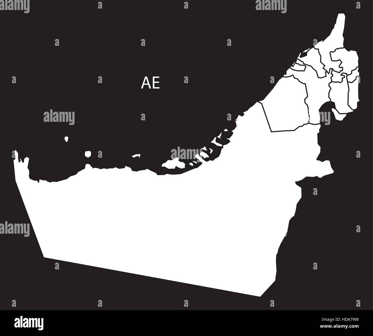 United Arab Emirates with emirates Map black and white illustration Stock Vector
