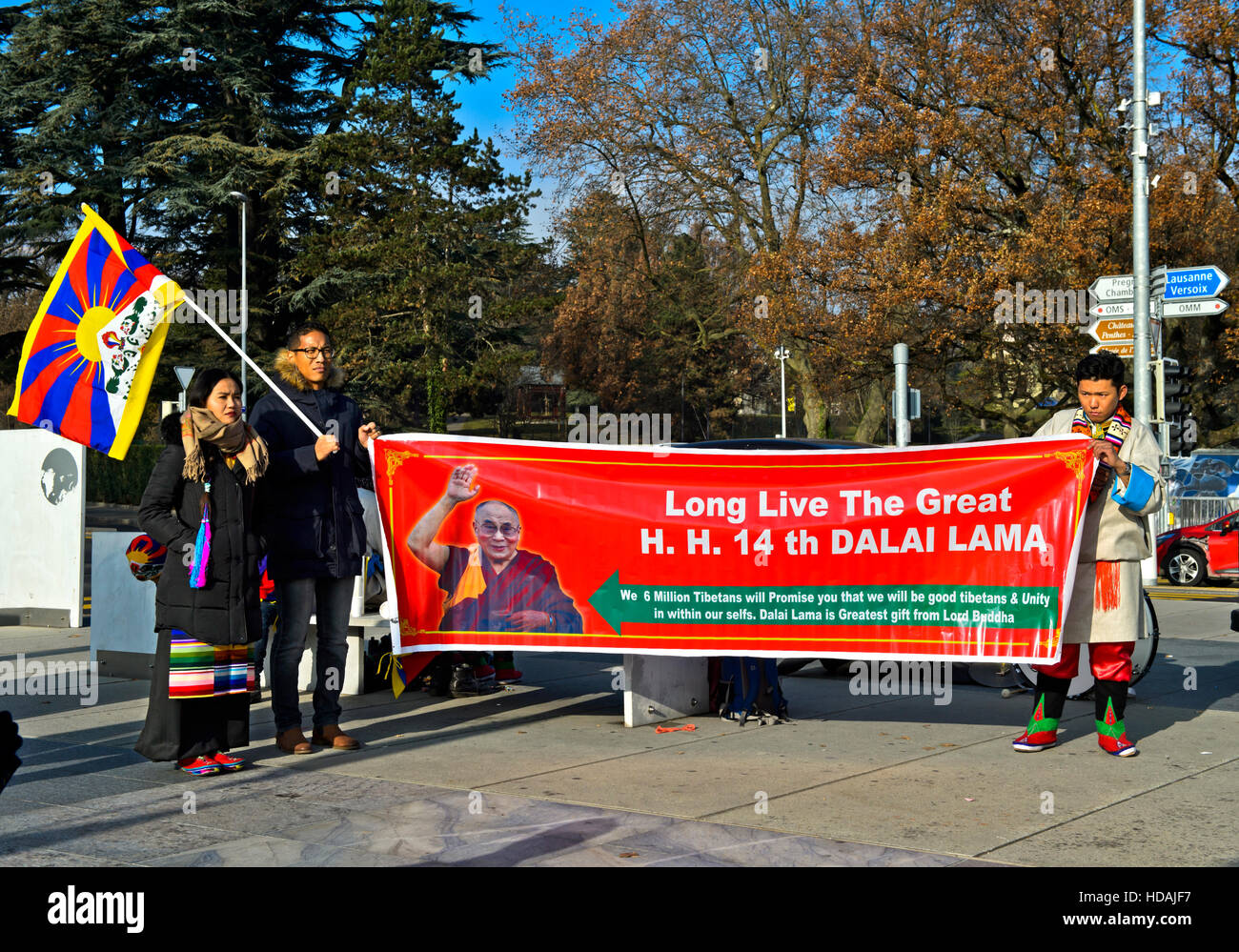 Banner in honour of the Dalai Lama at a protest rally against human rights violations in Tibet organised by the Tibetan Community in Switzerland and Liechtenstein on the occasion of the Human Rights Day 2016 and in commemoration of the 27th anniversary of the conferment of the Nobel Peace Prize to the Dalai Lama and held on 10 December 2016 on Place des Nations in Geneva, Switzerland, Credit: GFC Collection/Alamy Live News Stock Photo