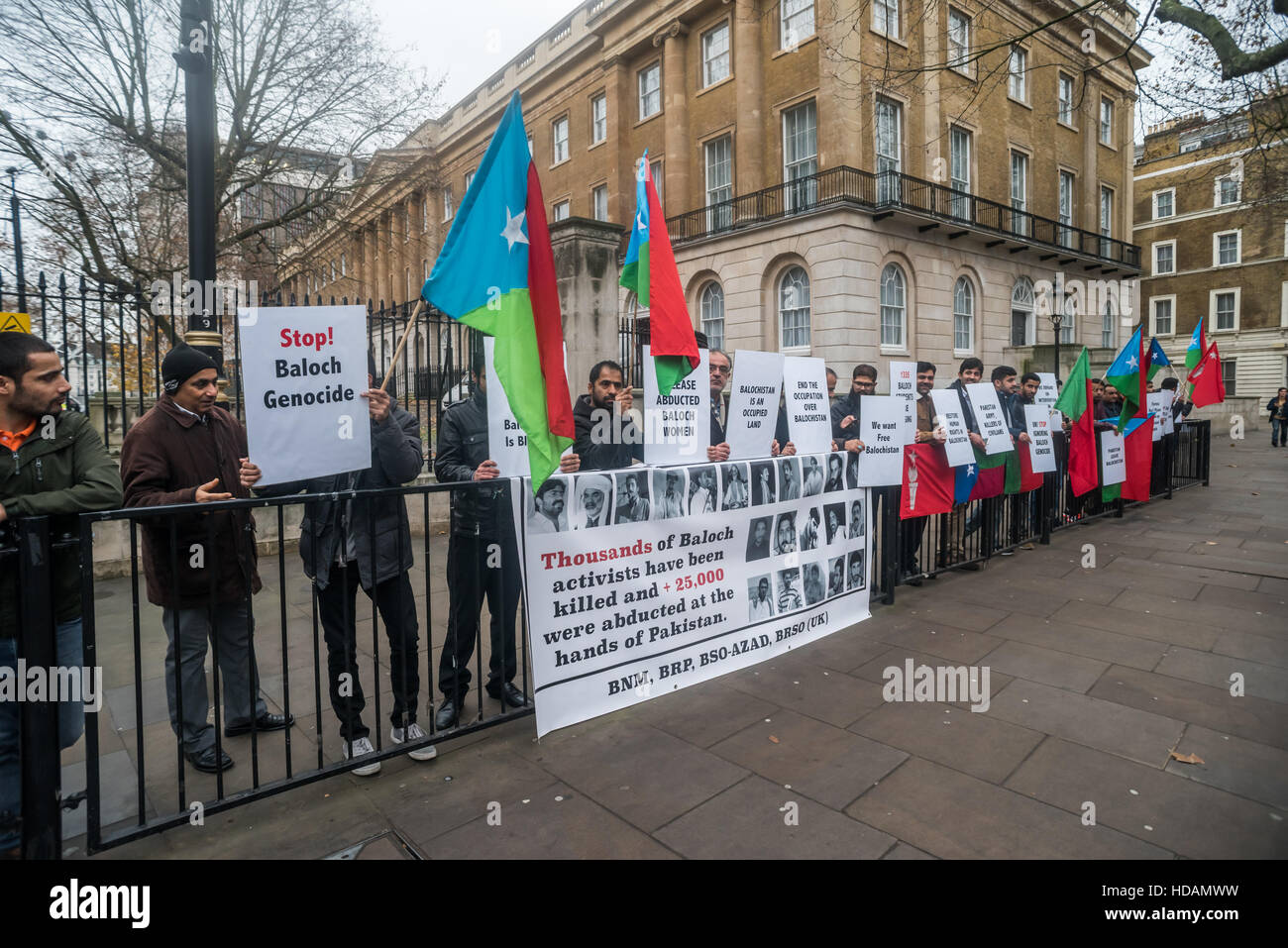 London, UK. 10th December 2016. Balochs who come from the west Pakistan province of Balochistan protest on UN Human Rights Day opposite Downing St calling on Theresa May to speak up for the Baloch people and their freedom against the Pakistan regime which they claim has a policy of genocide against the Baloch people and has killed thousands of Baloch activists and abducted more than 25,000 of them. Credit:  Peter Marshall/Alamy Live News Stock Photo