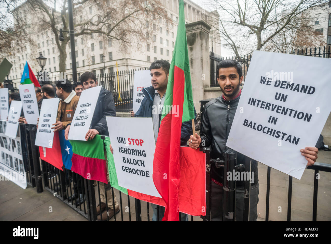 London, UK. 10th December 2016. Balochs who come from the west Pakistan province of Balochistan protest on UN Human Rights Day opposite Downing St calling on Theresa May to speak up for the Baloch people and their freedom against the Pakistan regime which they claim has a policy of genocide against the Baloch people and has killed thousands of Baloch activists and abducted more than 25,000 of them. Credit:  Peter Marshall/Alamy Live News Stock Photo