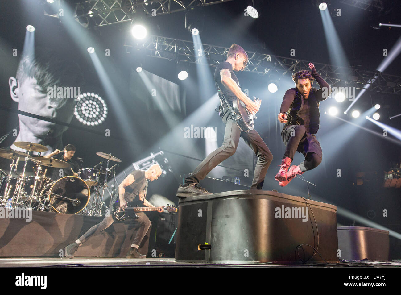 Inglewood, California, USA. 10th Dec, 2016. ADAM CARSON, HUNTER BURGAN, JADE PUGET and DAVEY HAVOK of AFI during the KROQ Almost Acoustic Christmas concert at The Forum in Inglewood, California © Daniel DeSlover/ZUMA Wire/Alamy Live News Stock Photo