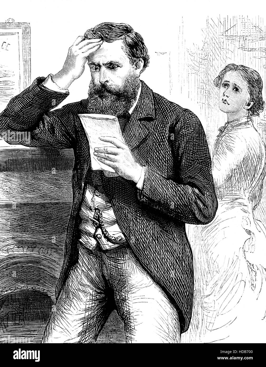 Victorian man receiving bad news, illustration, from 1884 Chatterbox weekly children’s paper Stock Photo