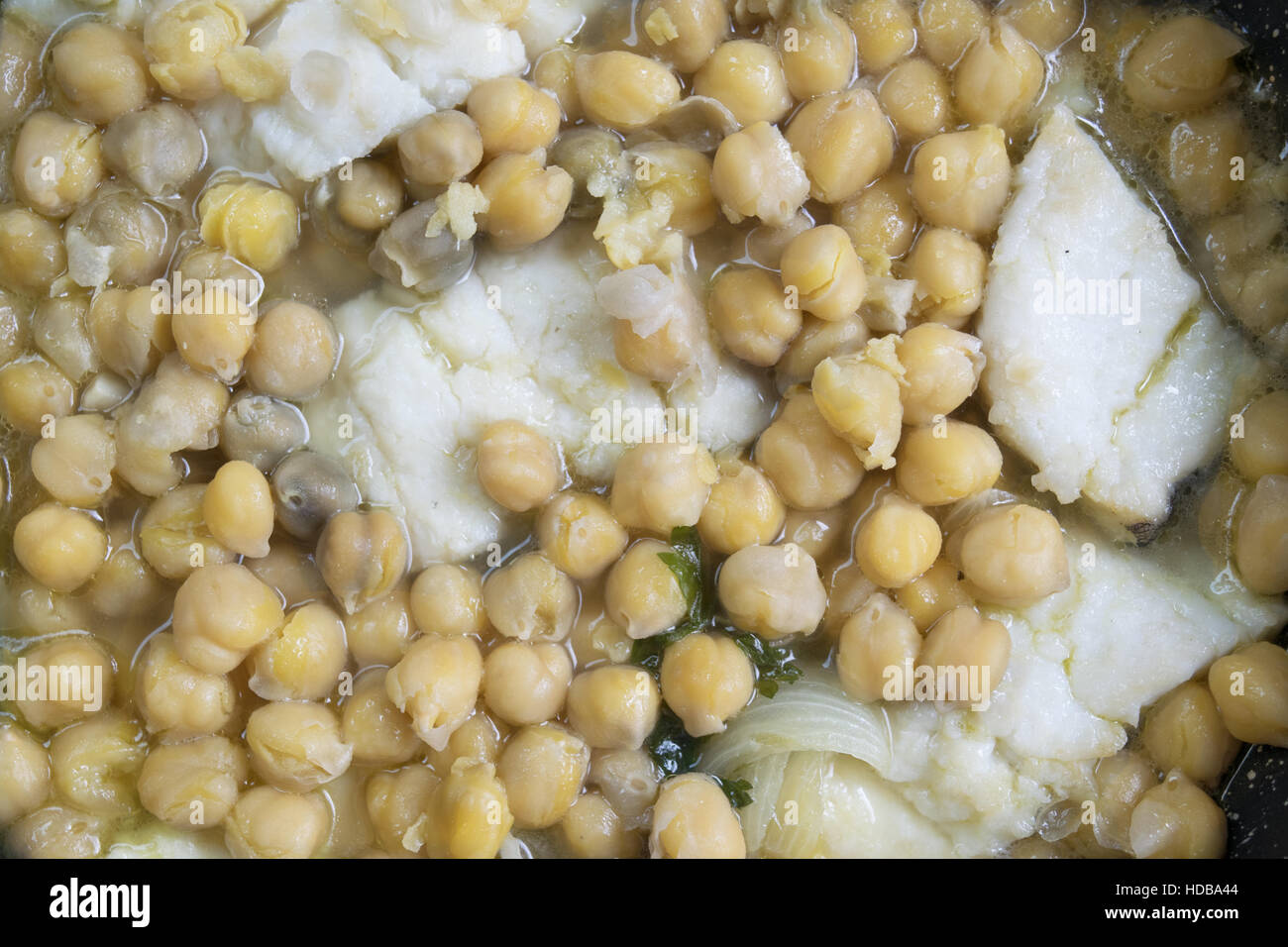soup of salted cod fish with chickpeas Stock Photo