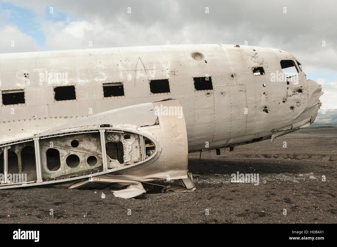 Iceland - Solheimasandur United States Navy DC-3 aeroplane wreck side view. Stock Photo