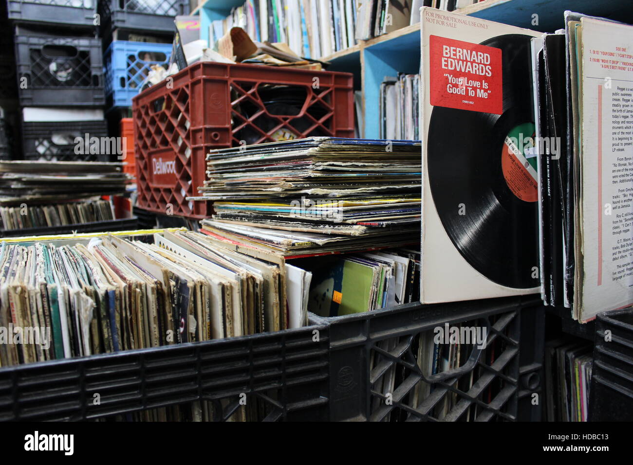 Record shop Brooklyn New York NYC second hand vinyl records music stack stacks piles pile Stock Photo