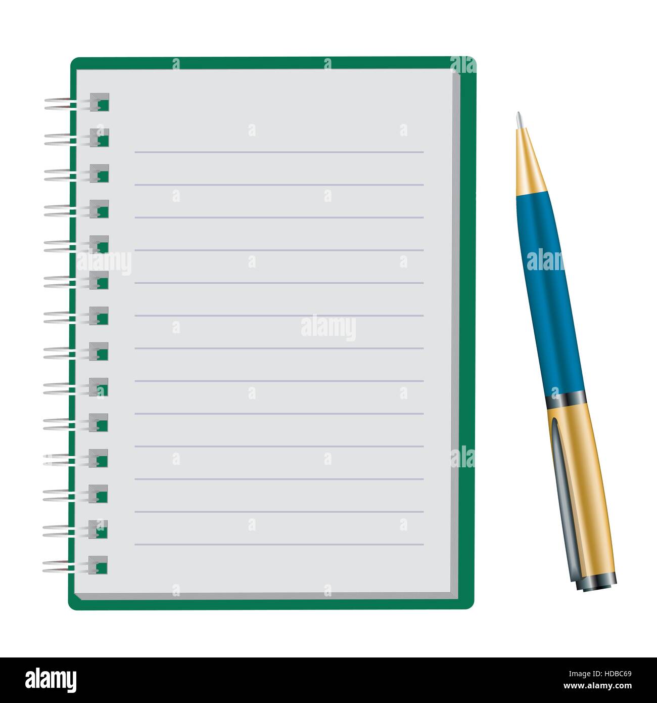 Opened notepad with pen isolated on white background, Sketchbook, to-do list, coloring book or diary mockup. Vector illustration. Stock Vector