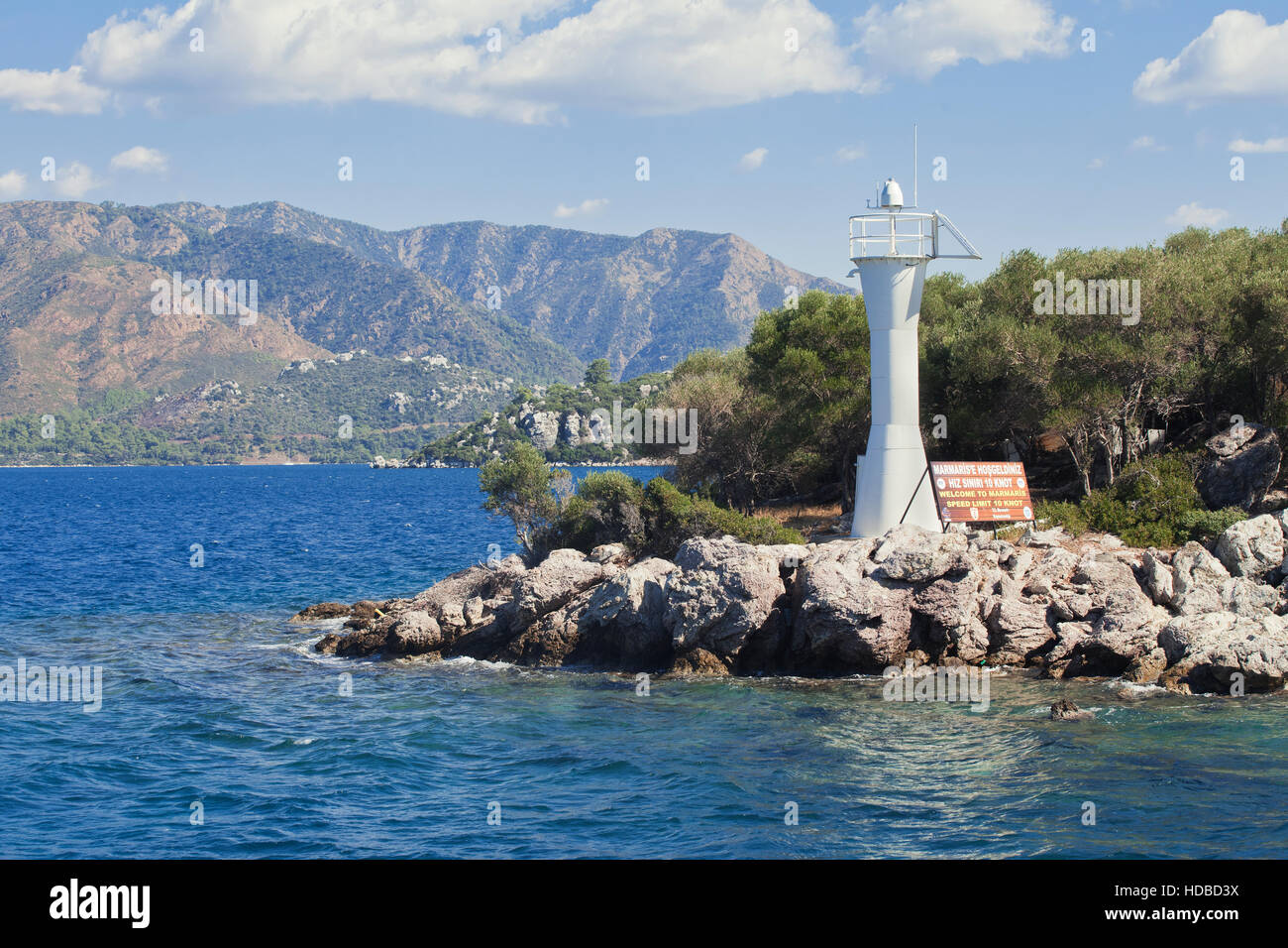 Bay of Marmaris and lighthouse, view from the sea Stock Photo