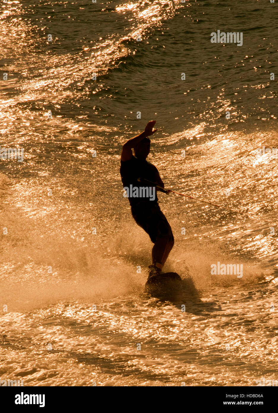 Silhouette of a water skierin the sunset backlight Stock Photo