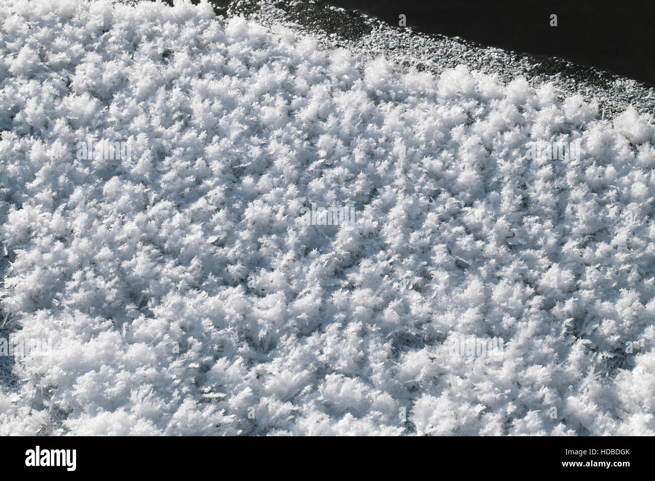 Big snow crystals on the ground, macro shot Stock Photo