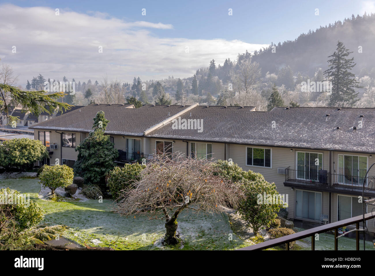 Frozen landscape and a neighborhood dwelling Oregon. Stock Photo