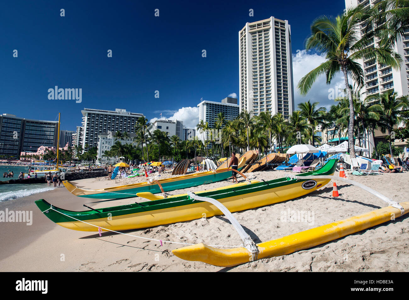 Outrigger canoes Waikiki Beach Honolulu Hawaii USA Stock Photo Alamy