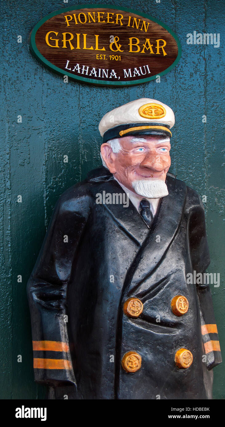 Wooden sailor outside Pioneer Inn Grill and Bar Lahaina Maui Hawaii USA