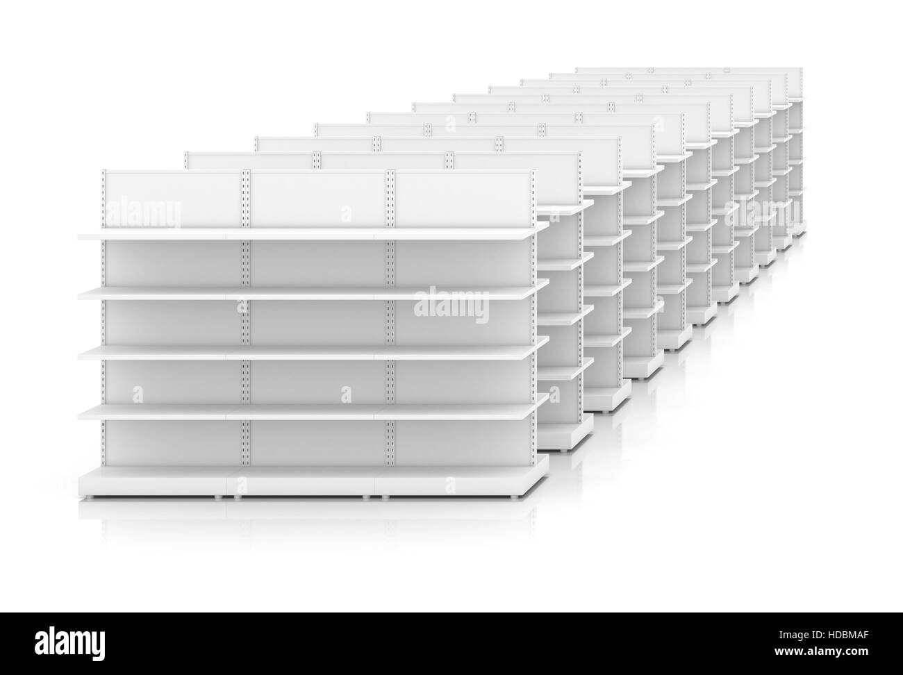 Clean white racks shelves for products showing Stock Photo