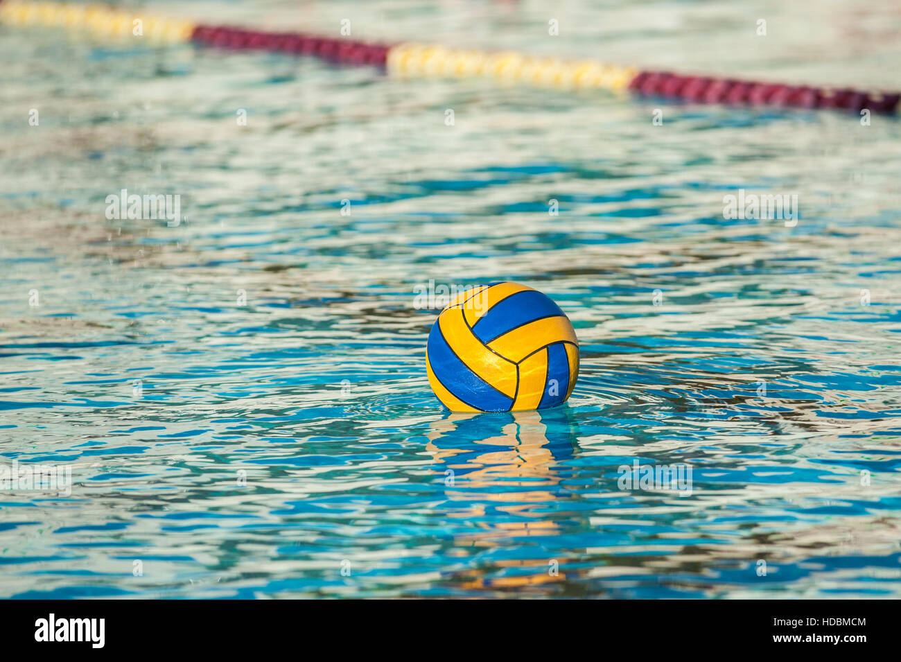 Water polo game ball floating on pool surface. Stock Photo