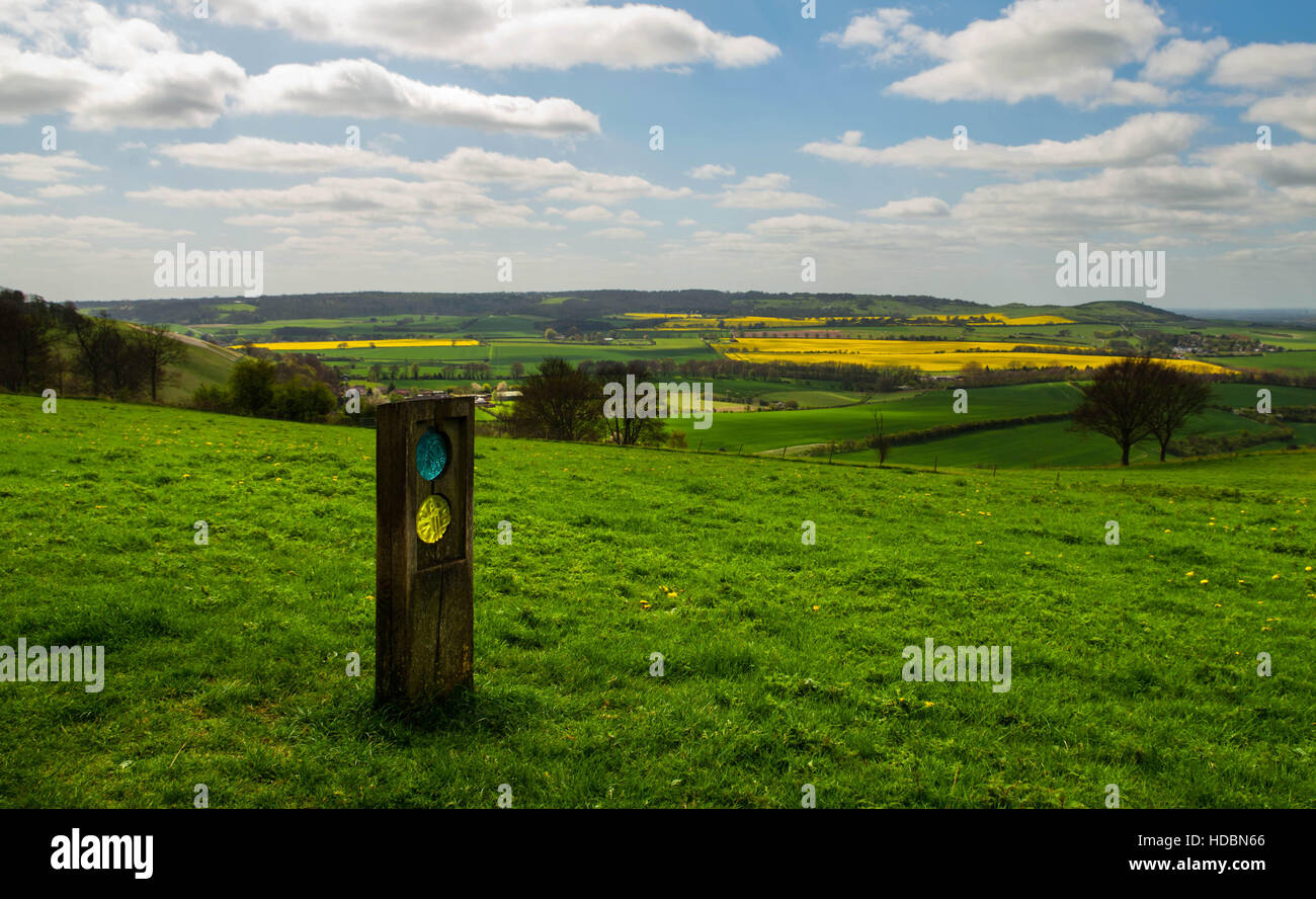 A picture of a  waymarker or signpost on top of Dunstable Downs with arrows showing the direction to walk along the Icknield Way Stock Photo