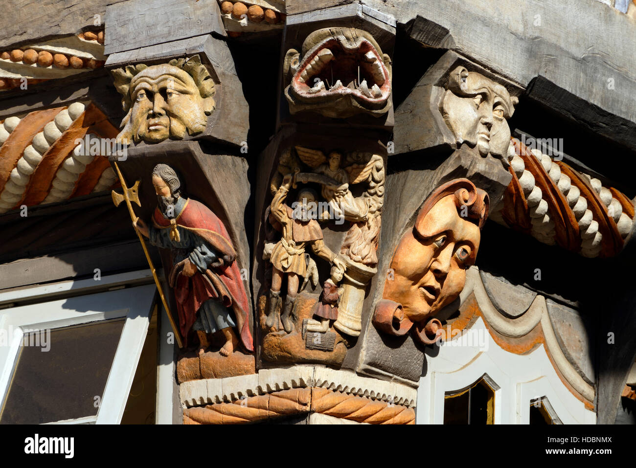 Hameln (Hamelin): Artwork (showing the Binding of Isaac) at the front of the Stiftsherrenhaus in Osterstraße, Weser Uplands, Lower Saxony, Germany Stock Photo