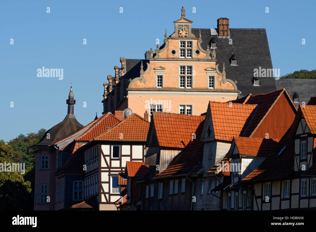 Hann. Münden: Welfenschloss (castle) and timbered houses in old town, Weser Uplands,  Lower Saxony, Germany Stock Photo