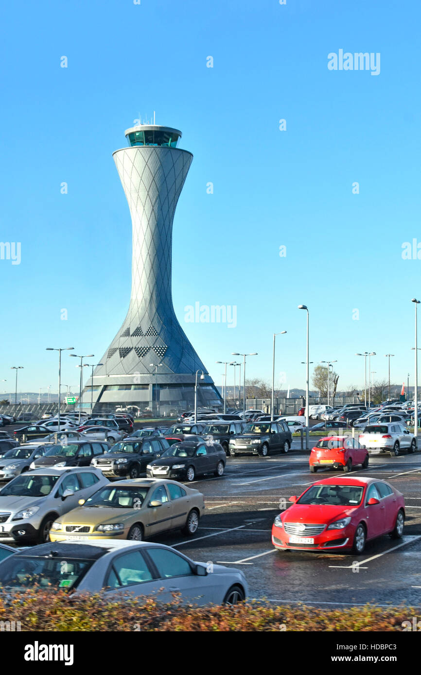 Edinburgh Airport Ingliston Scotland UK Air Traffic Control Tower architecture with large airport car park cold frosty Scottish winter morning Stock Photo