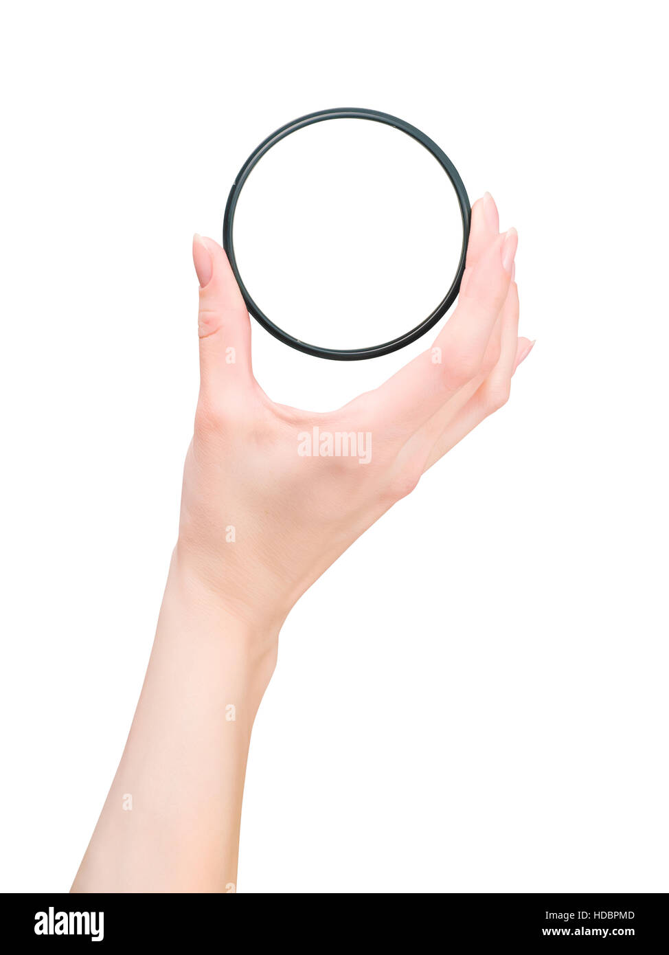 Beautiful hand holding photo ND filter. Isolated on white with clipping path Stock Photo