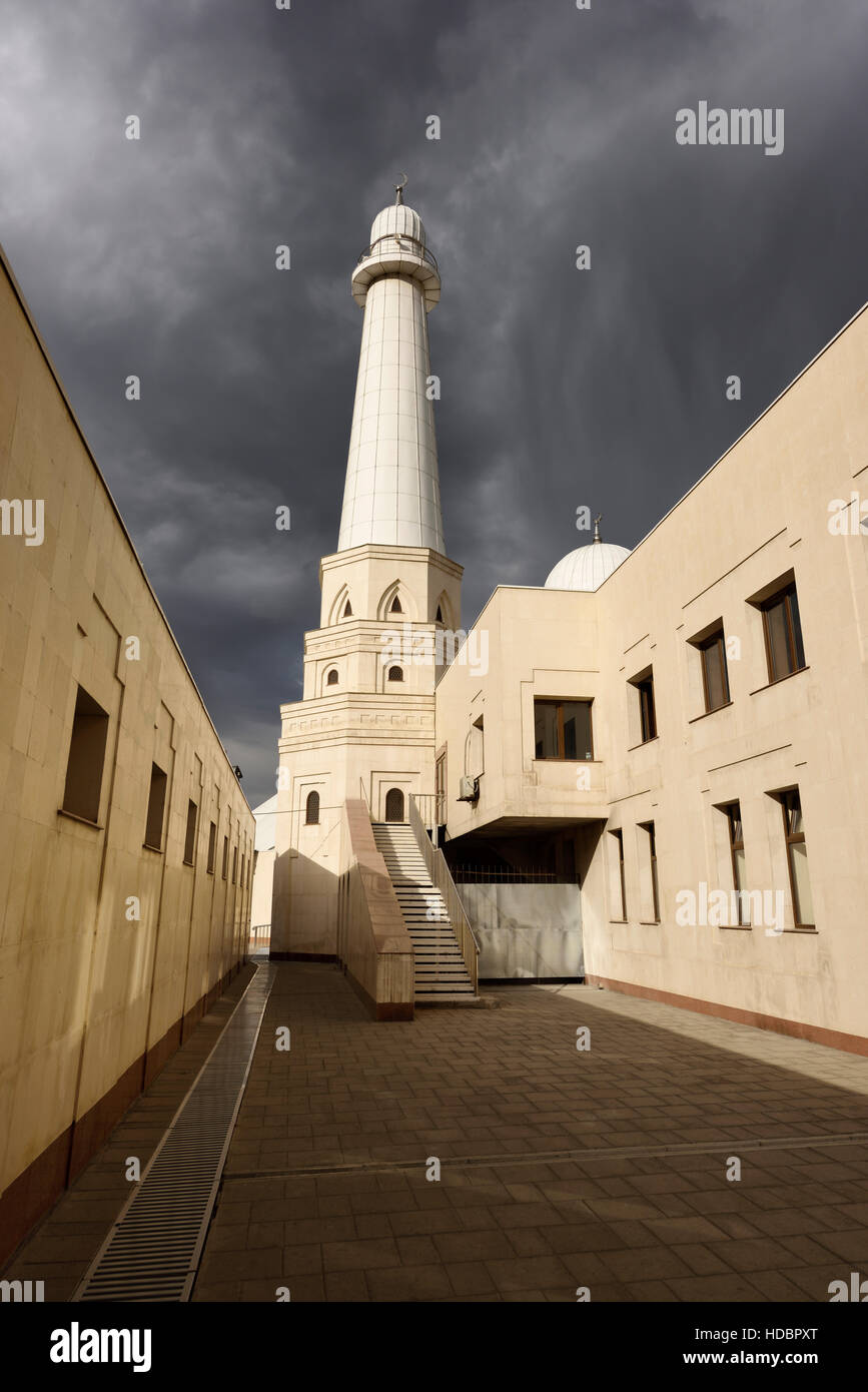 Minaret of Sheikh Khalifa Bin Zayed Al Nahyan Mosque in Shymkent Kazakhstan Stock Photo
