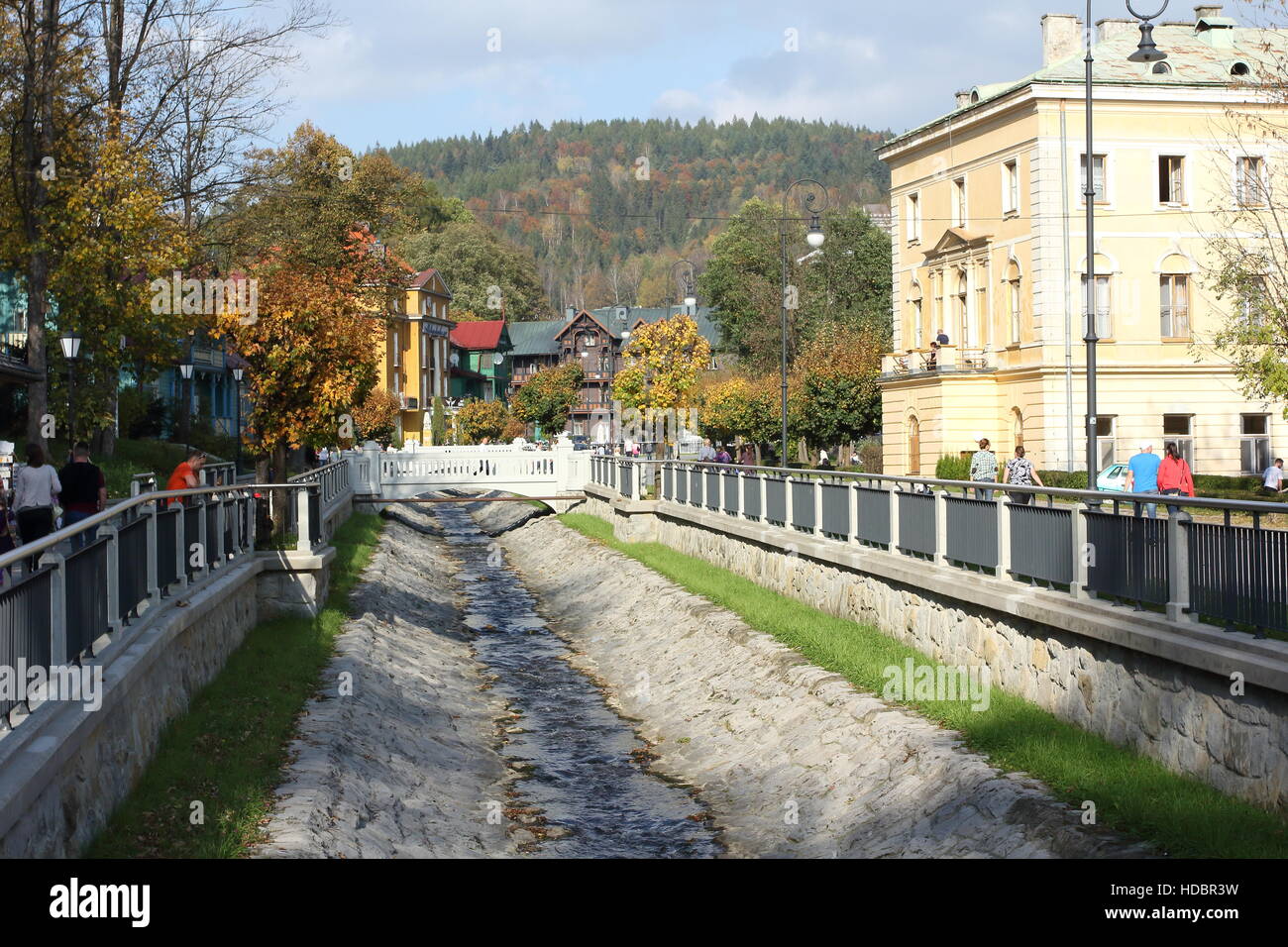 KRYNICA ZDROJ, POLAND - OCTOBER 13, 2016. River in Historic city center of Krynica Zdroj. Stock Photo
