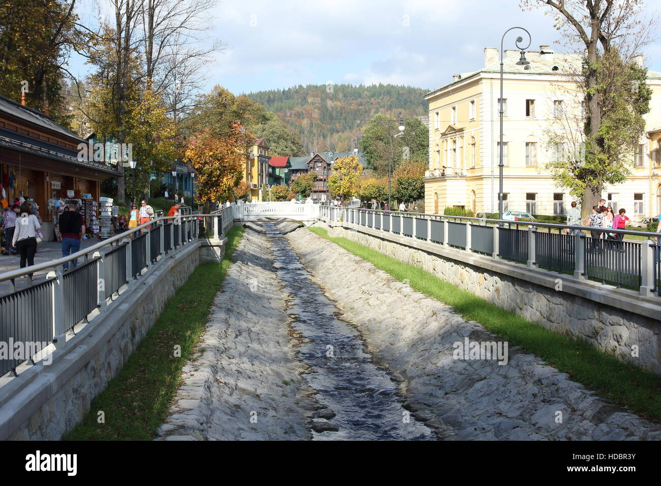 KRYNICA ZDROJ, POLAND - OCTOBER 13, 2016. River in Historic city center of Krynica Zdroj. Stock Photo