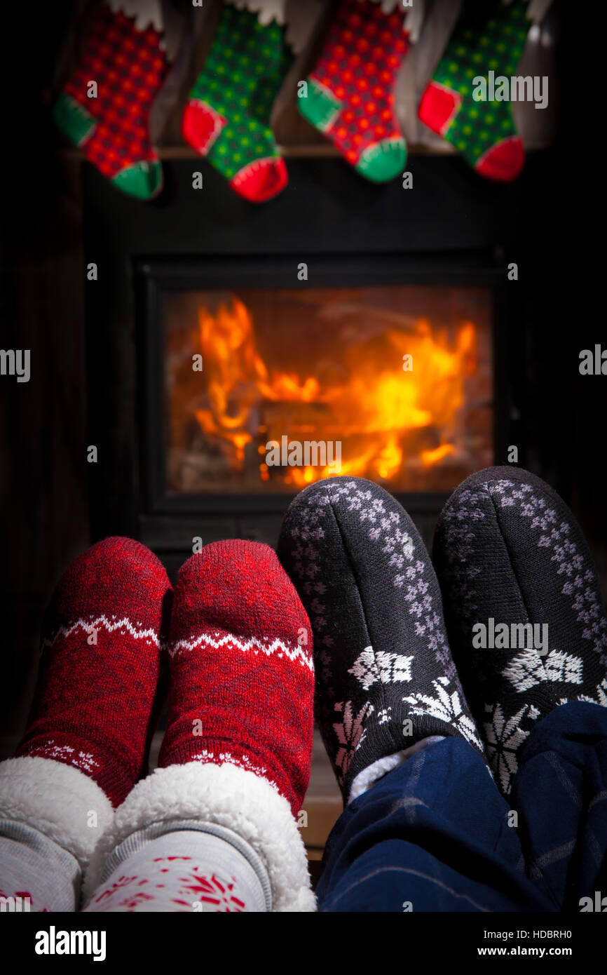 Two pairs of ornamented socks - Christmas family concept Stock Photo