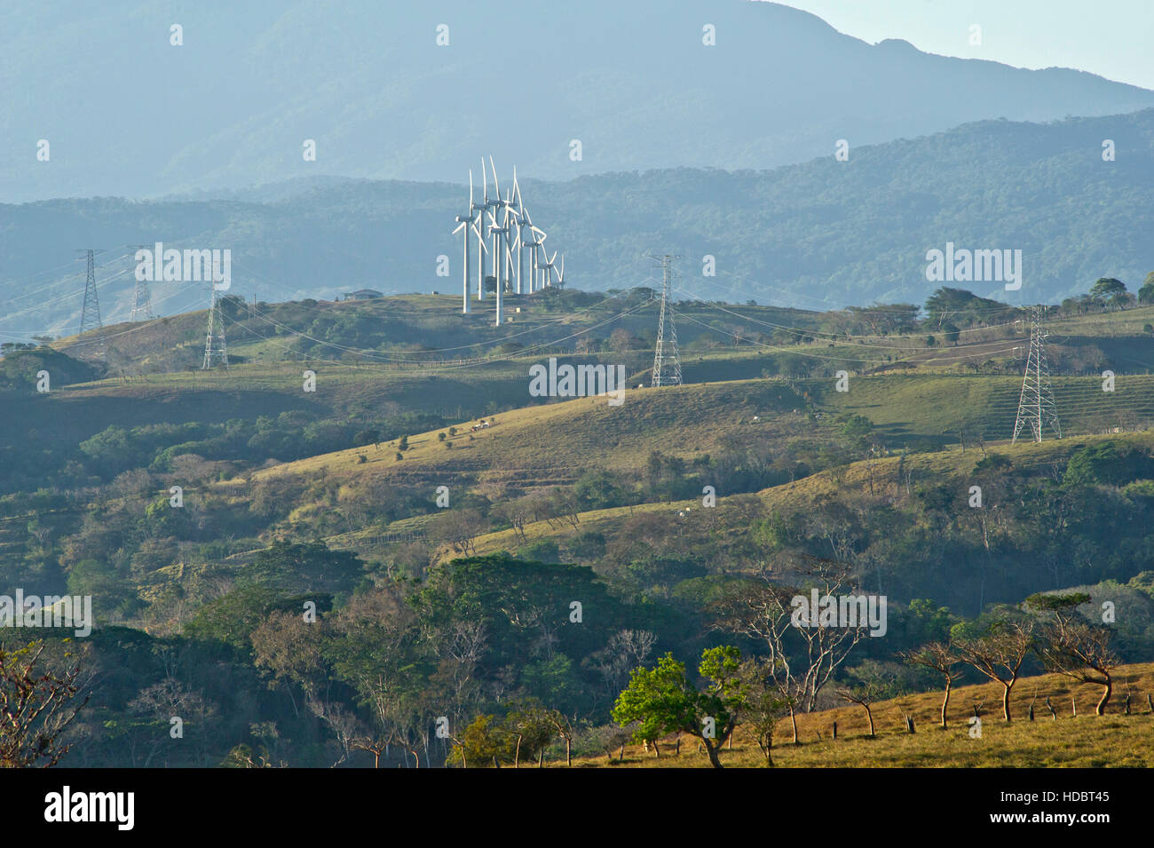 Windfarms on the slopes of Cordillera de Tilarán mountains in Costa