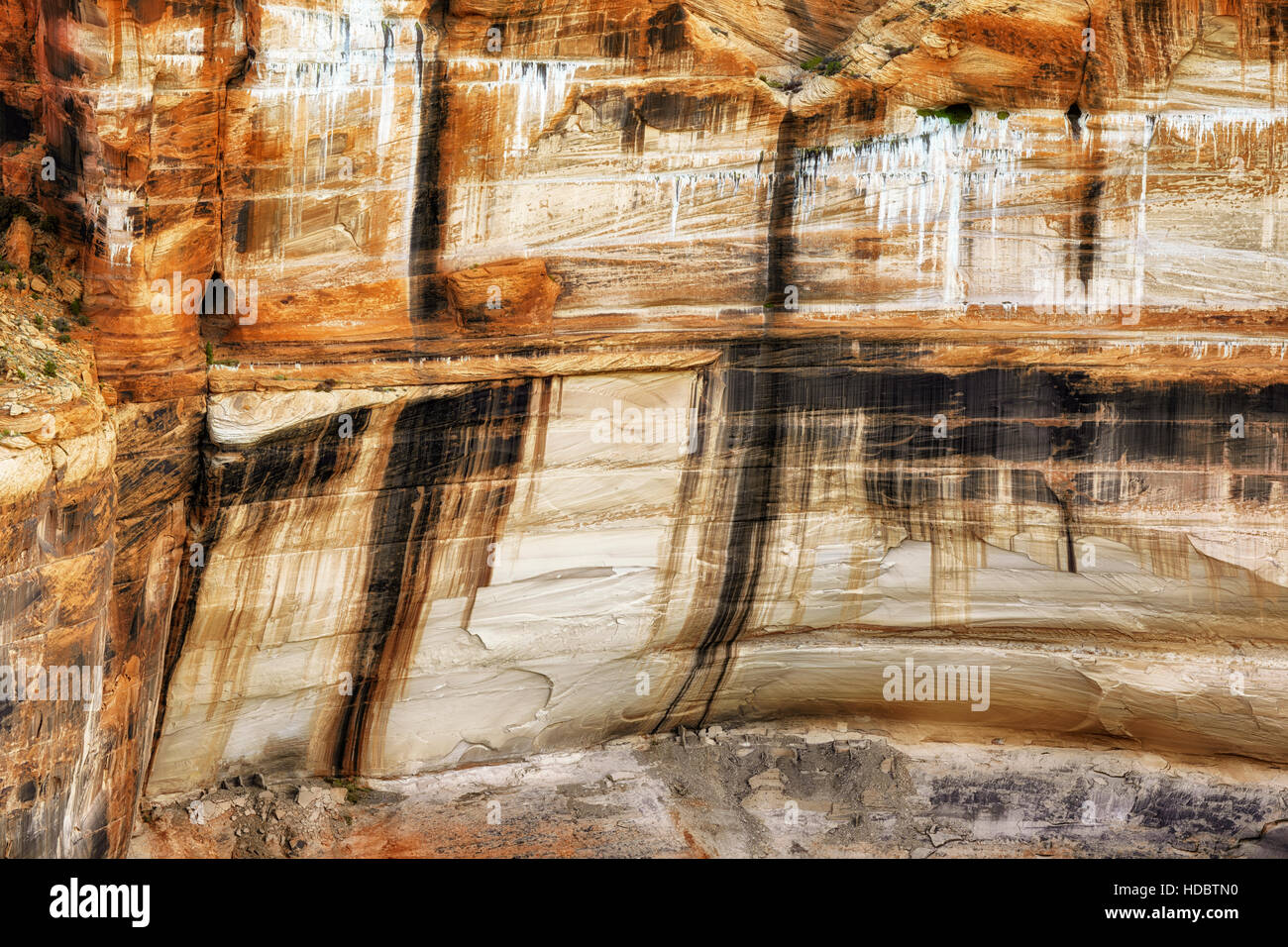 Sliding House Ruins remain at the base of colorful desert varnish walls in Arizona’s Canyon de Chelly National Monument. Stock Photo