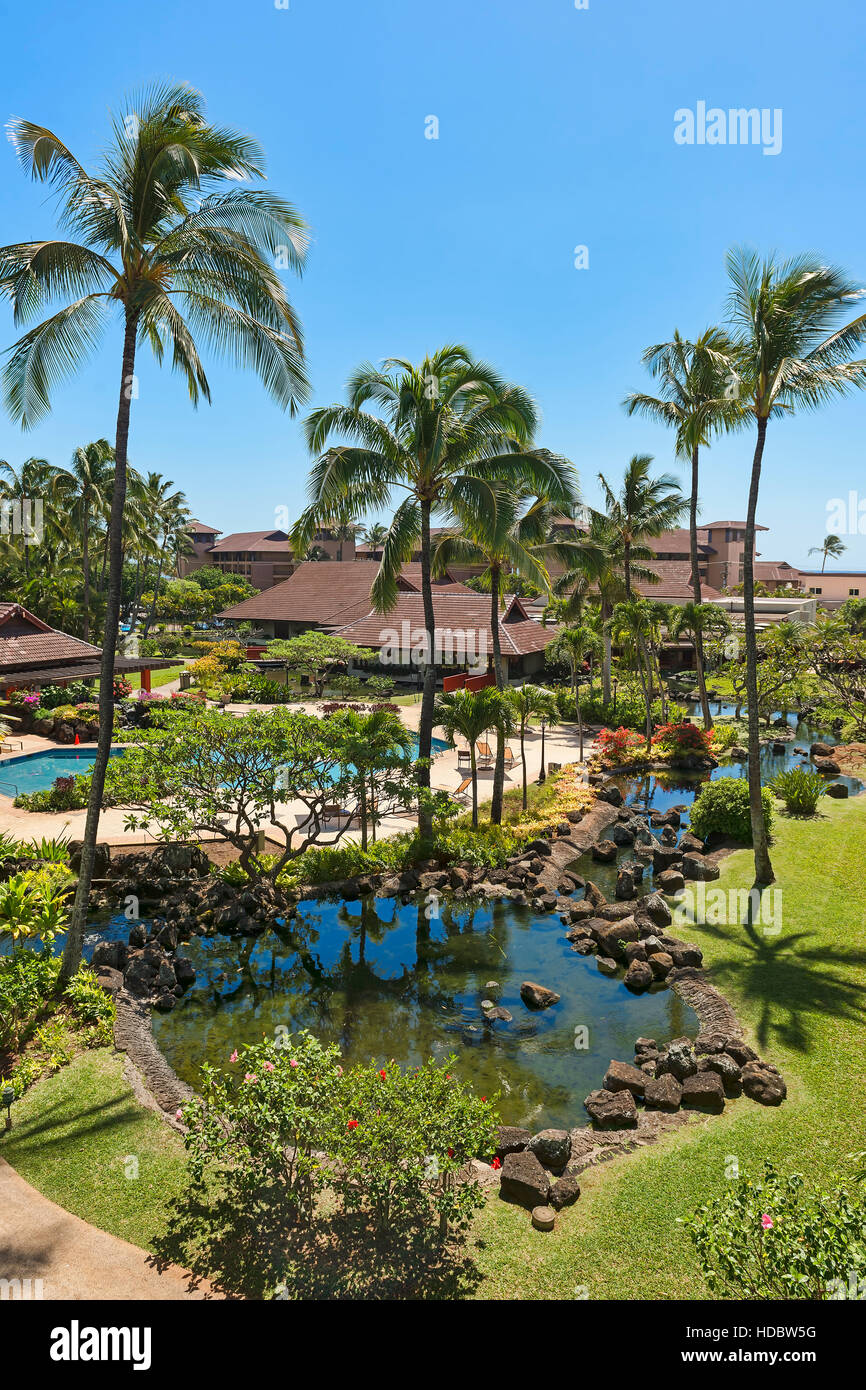 Hotel resort with pool and palm trees, Poipu, Koloa, Kaua&#39;i, Hawaii, USA Stock Photo
