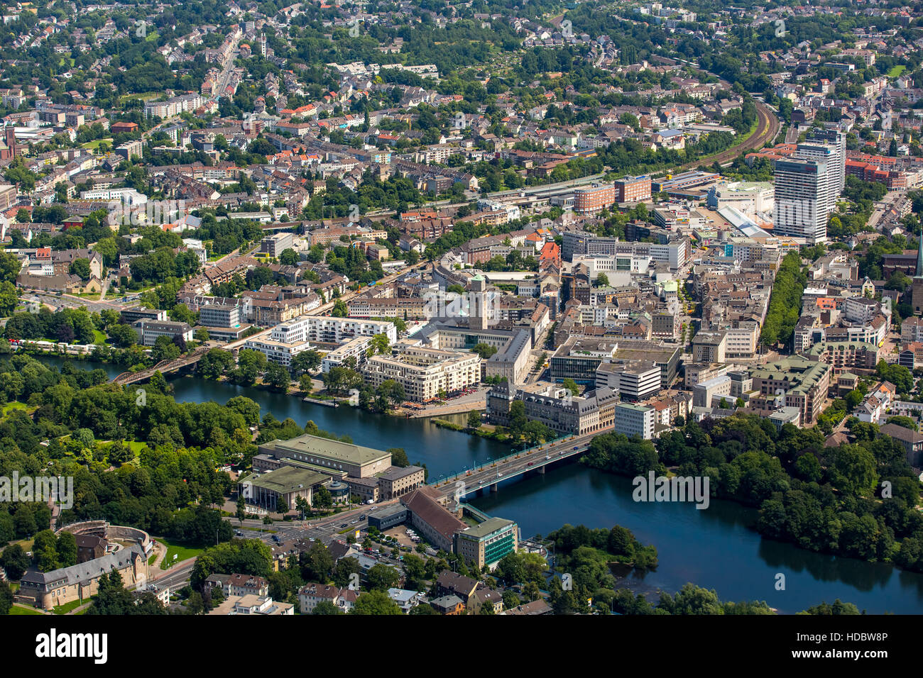 Aerial photograph, Ruhrbania and Mülheim city centre, Mülheim an der Ruhr, Ruhr district, North Rhine-Westphalia, Germany Stock Photo