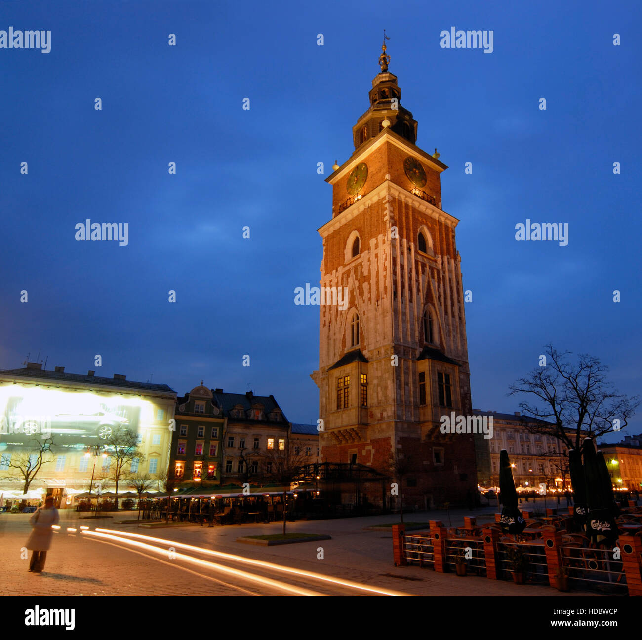 Town hall tower, Ratusz, on the main market square, Rynek Glowny, by night, Krakow, Cracow, Poland, Europe Stock Photo