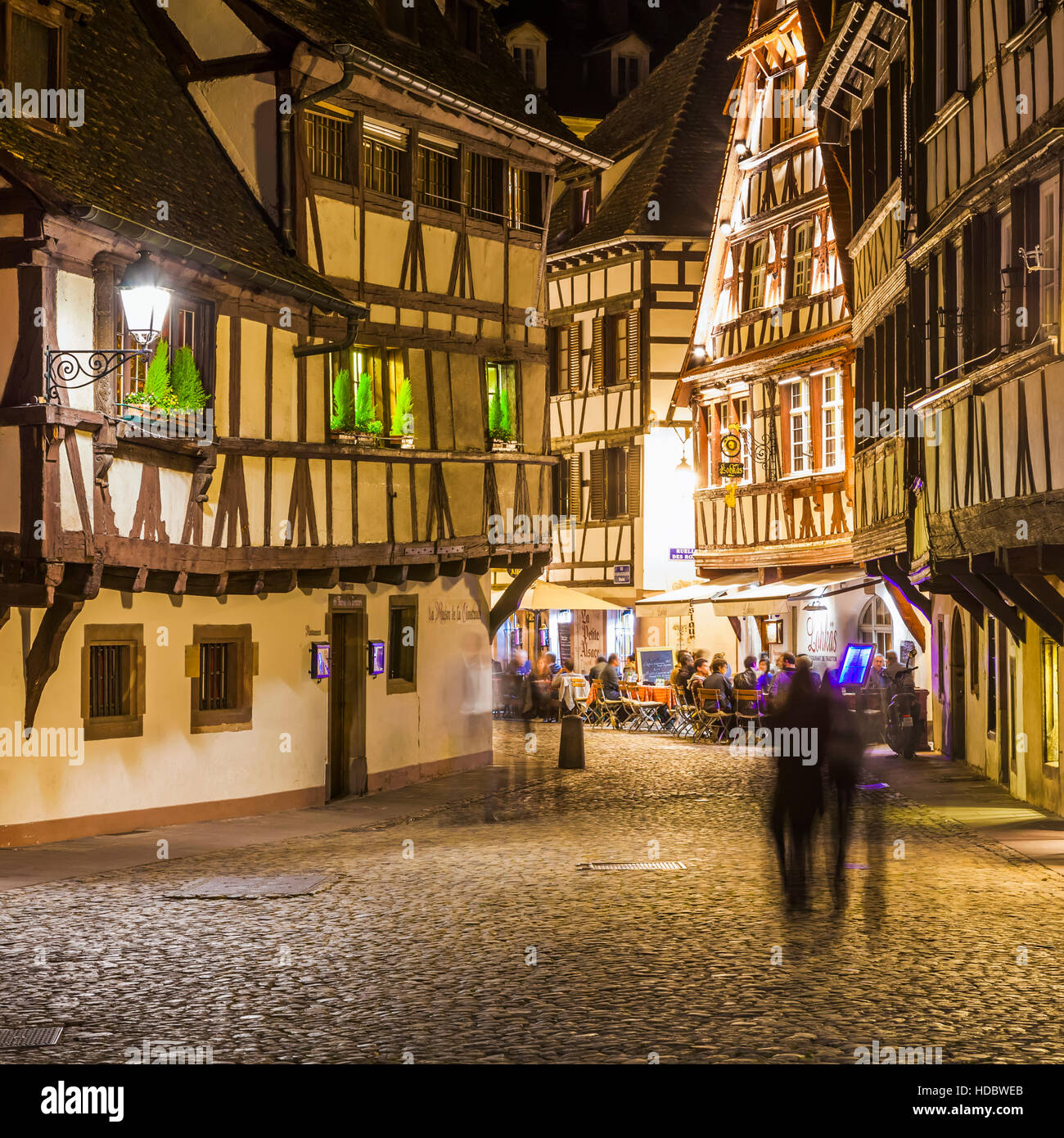 Restaurants and wine bars in the evening, Strasbourg neighborhood, La Petite France, half